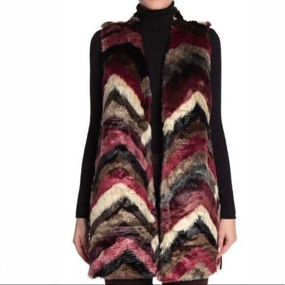 Joseph A Faux Fur Longline Vest Size XS Large Wine Chevron J2F129057D19NR Open - Picture 2 of 7